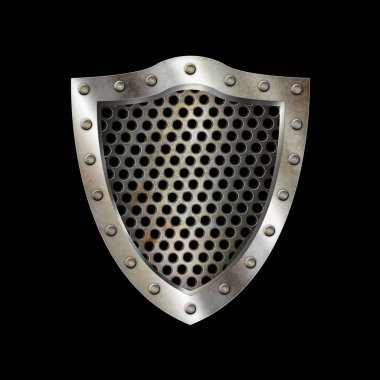 Metal ızgara ve perçinli kenarlıklı antik kalkan.