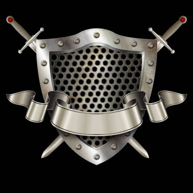 İki kılıç ve gümüş kurdele ile antik kalkan.