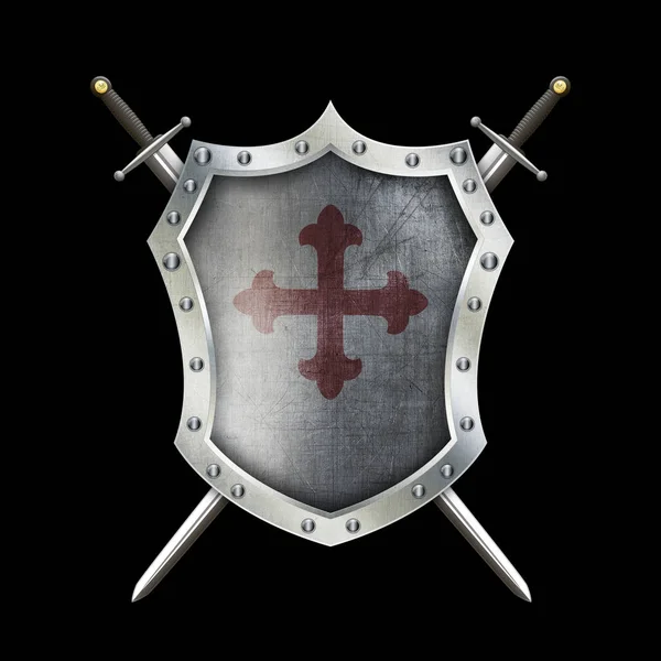 Antikes metallisches Schild mit zwei Schwertern und rotem Kreuz. — Stockfoto