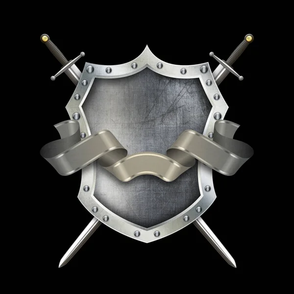 Ancient metallic shield with two swords and silver ribbon. — Stock Photo, Image