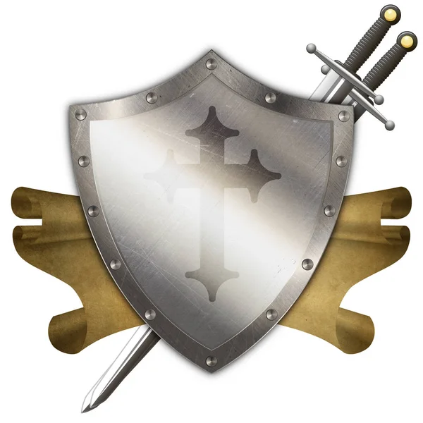 Antique riveted shield with cross,scroll and two swords. — Stock Photo, Image