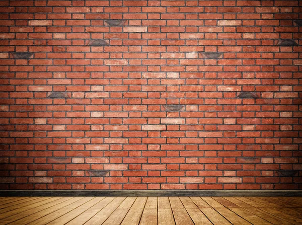 Rode bakstenen muur en houten vloer achtergrond. — Stockfoto