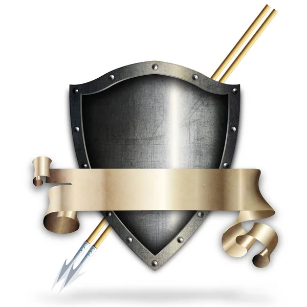 Medieval riveted shield with spears and scroll on white background.
