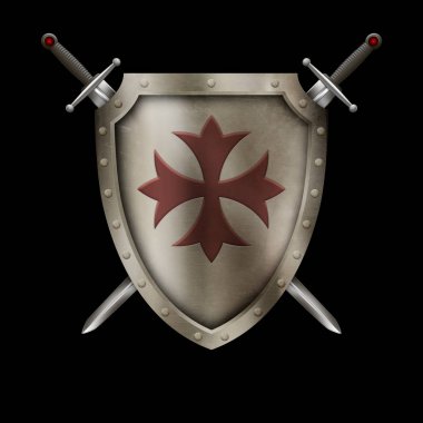 Antique shield with two swords and cross. clipart
