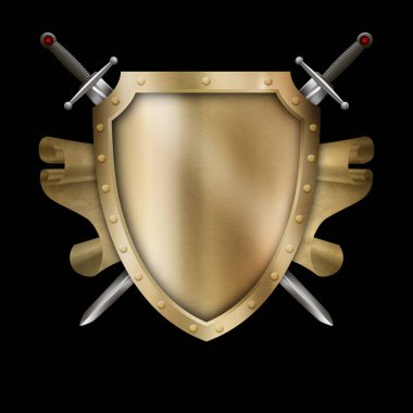 Golden antique shield with two swords and parchment scroll. clipart