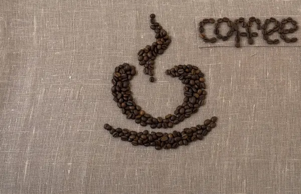 Grains de café torréfiés, lin, mot de café en langue anglaise, café, carte, tasse de café , — Photo