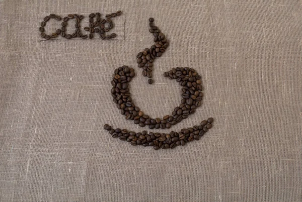 Grains de café torréfiés, lin, le mot café en français, café, carte, tasse de café, en espagnol , — Photo