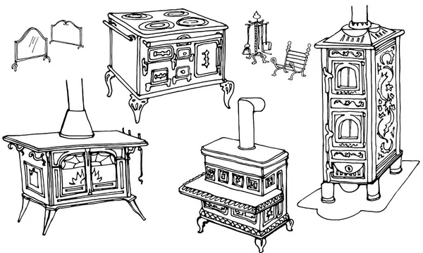 Gamla ugnar och värmeelement - set möbler — Stock vektor