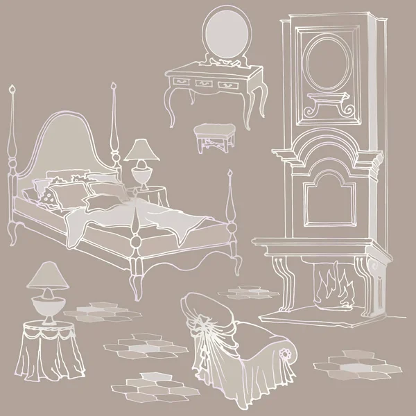 Chambre à coucher cheminée prov3 beige — Image vectorielle