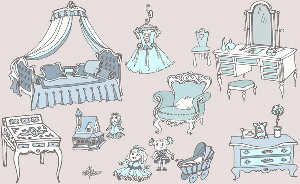 Эскиз, набор мебели и игрушек для девочек комната голубого цвета — стоковое фото