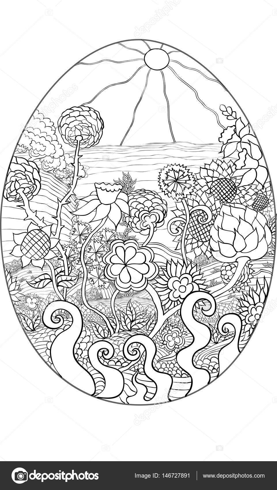 Disegno sull uovo di Pasqua nero su sfondo bianco modello di vettore del paesaggio marino e floreale da colorare — Vettoriali di AnnaLug