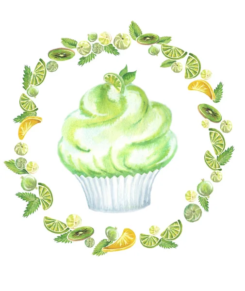 Watercolor muffin green round — Stock Photo, Image