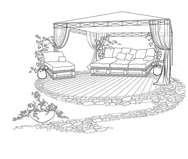 Ombrellone divano cortile paesaggistico — Vettoriale Stock