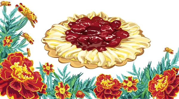 Cadres fleurs souci gâteau cerise — Image vectorielle
