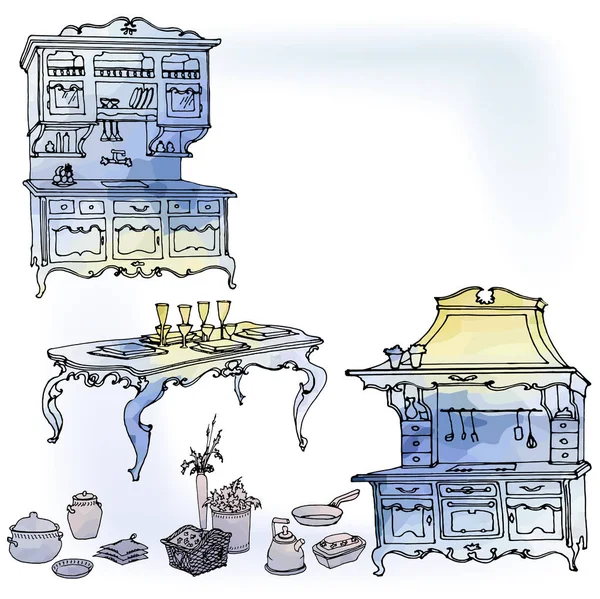 Kitchen provanze blue watercolor — Stock Vector