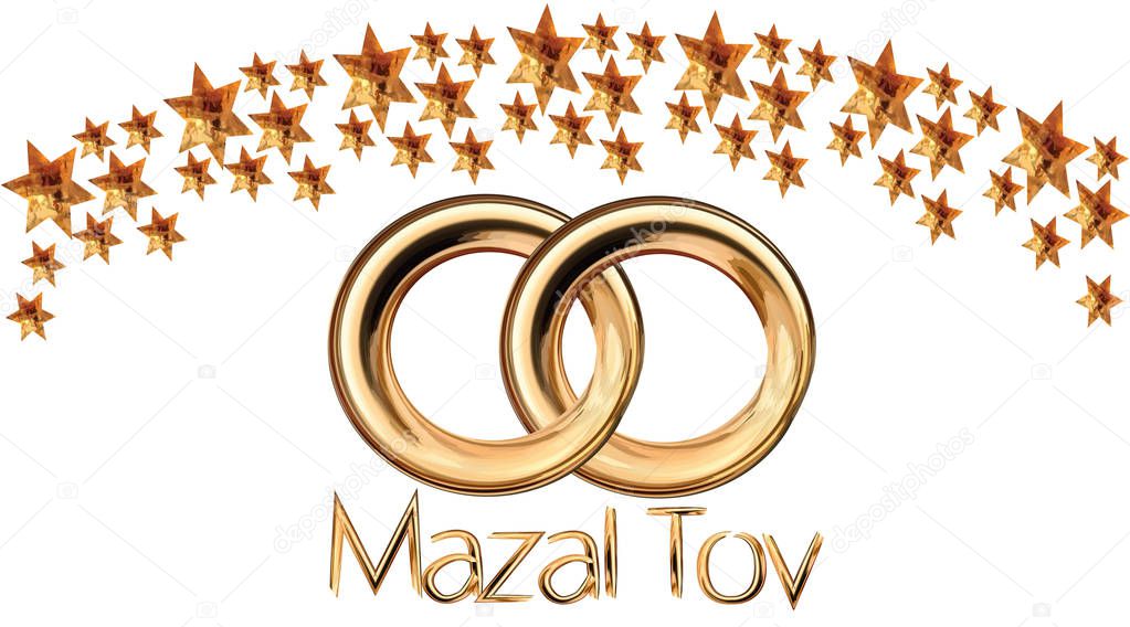 Card for the wedding ceremony of the orthodox Judaist with gold rings, congratulation Mazel Tov, Chuppah from golden Magen Davids 