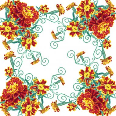 Kadife çiçeği, calendula, yaprakları yoğun turuncu çiçekler çerçevesinde ve