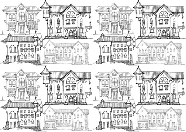 Antiguas fachadas de la casa de la ciudad negro líneas blancas, patrón sin costuras —  Fotos de Stock