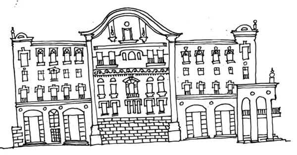 白い背景の古い町の家 古典的な建築 通りのファサード 入り口 ベクトルの線でスケッチ — ストックベクタ