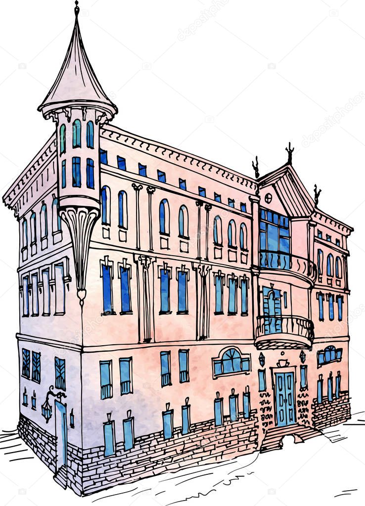 Colored watercolor an old classic city house with turret