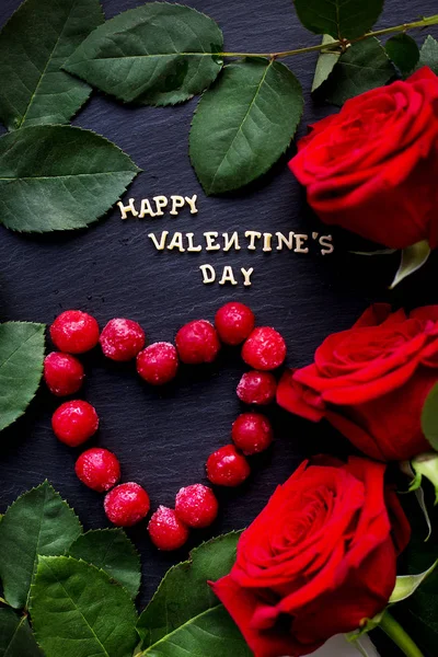 Inscription Closeup of Valentine's day, cherry heart-shaped, red roses, rings — Stock Photo, Image