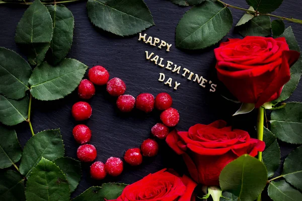 Inscription Closeup of Valentine's day, cherry heart-shaped, red roses, rings — Stock Photo, Image