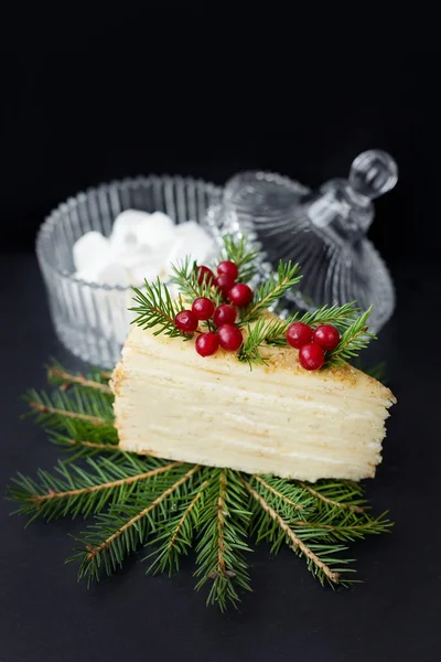 Kuchenstück geschmückter Baum und Beeren auf schwarzem Hintergrund, Untertasse mit Marshmallows — Stockfoto