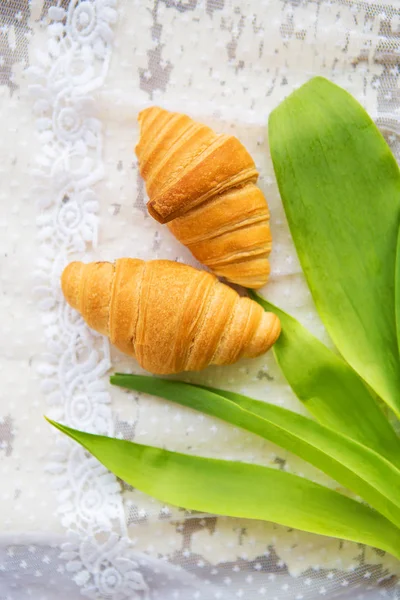 Beautiful croissants on a background of green leaves and laces — Stock Photo, Image