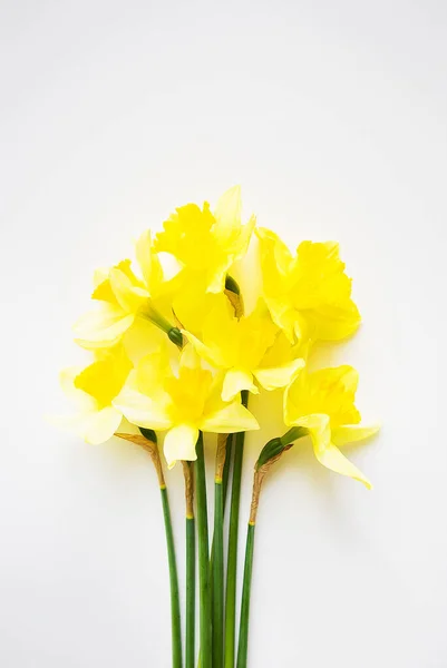 Ramo amarillo de narcisos acostados sobre una mesa blanca —  Fotos de Stock