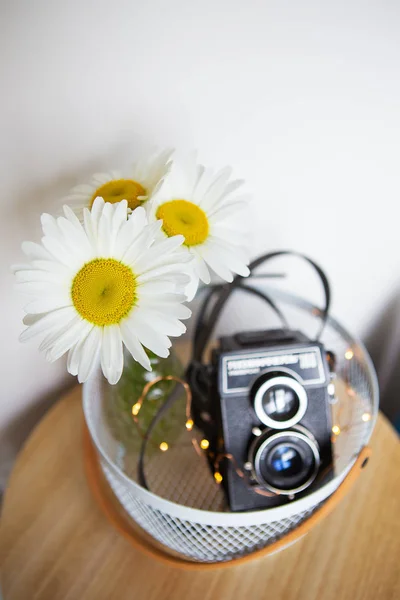 Old vintage rustic camera with a bouquet of daisy flowers on a wooden board. — Stock Photo, Image