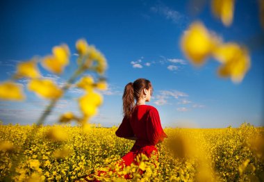 girl in a beautiful red dress is standing in a yellow box