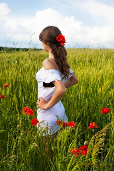Schöne Mädchen in einem weißen Kleid steht in einem Weizenfeld — Stockfoto