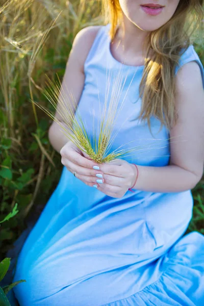 Mädchen in einem Kleid sitzt bei Sonnenuntergang in einem Weizenfeld und hält einen Stachel — Stockfoto