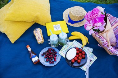 Çimenlerin üzerinde Parkta piknik: masa örtüsü, sepet, sağlıklı yiyecek ve aksesuarları, üstten görünüm