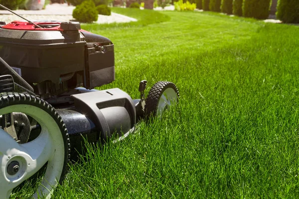 Çimenlerin üzerinde çim biçme makinesi — Stok fotoğraf