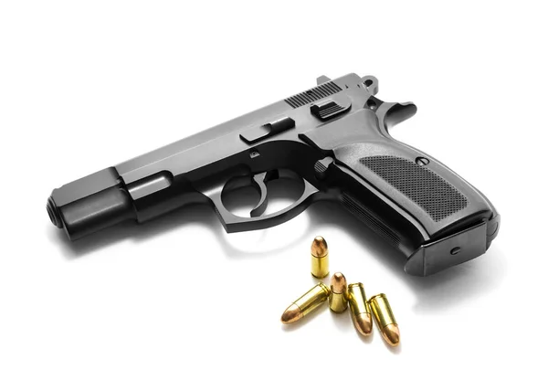 Pistola Con Munizioni Sfondo Bianco — Foto Stock