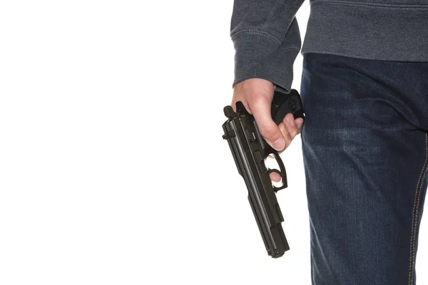 Mão Homem Segurando Arma Isolada Fundo Branco — Fotografia de Stock