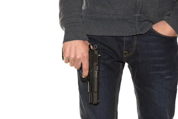 Pistola Mano Hombre Aislada Sobre Fondo Blanco — Foto de Stock