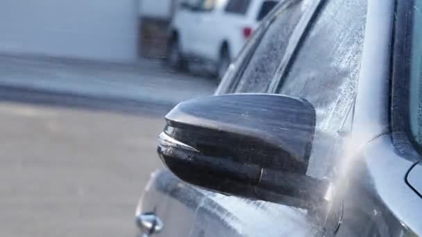 Washing Car High Pressure Water Spraying Water Vehicle Side Driveway — Stock Video