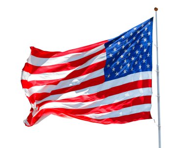 Beyaz arka planda rüzgarda dalgalanan Amerikan bayrağı, yakın planda Amerikan bayrağı, açık havada kırmızı beyaz bayrak. Amerika Birleşik Devletleri ulusal bayrağı. ABD yıldızları ve çizgileri