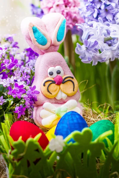 Coloridos huevos de Pascua y juguete de conejo — Foto de Stock