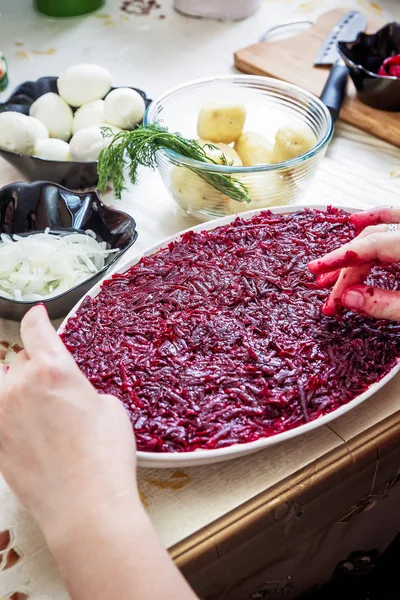 Preparación de la ensalada tradicional rusa arenque bajo abrigo de piel —  Fotos de Stock