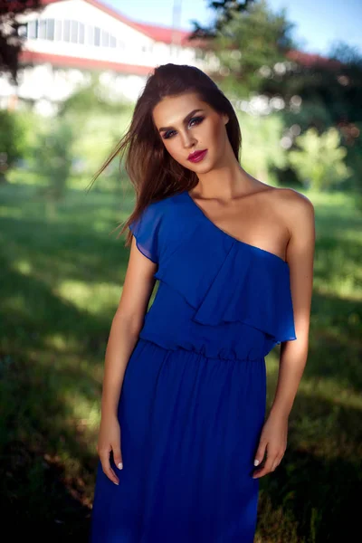 Молодая брюнетка в синем платье — стоковое фото