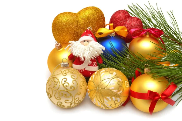 Bolas de Navidad con rama de pino y juguete —  Fotos de Stock