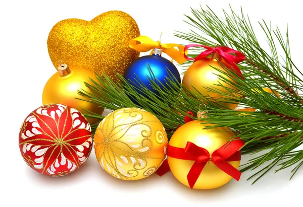 Christmas balls with pine branch — Stock Photo, Image