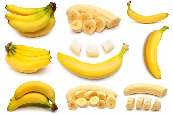 Coleção de cachos e fatias de bananas — Fotografia de Stock