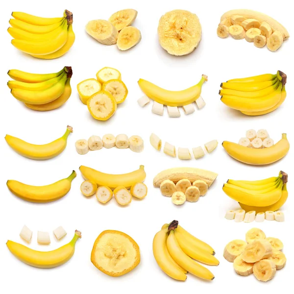 Collection of bananas bunches and slices — Stock Photo, Image