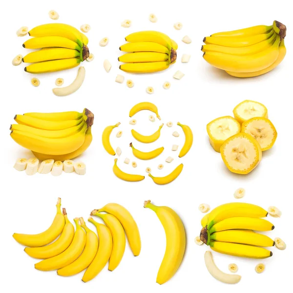 Coleção de cachos e fatias de bananas — Fotografia de Stock