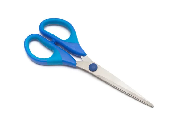 Scissors Blue Isolated White Background Flat Lay Top View — Stock Photo, Image