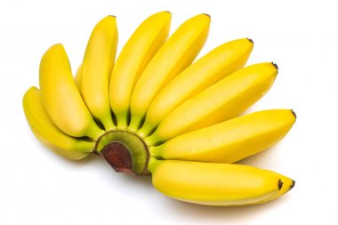 Beyaz arka plan üzerinde izole bebek muz demet. Düz yatıyordu, en iyi görünümü